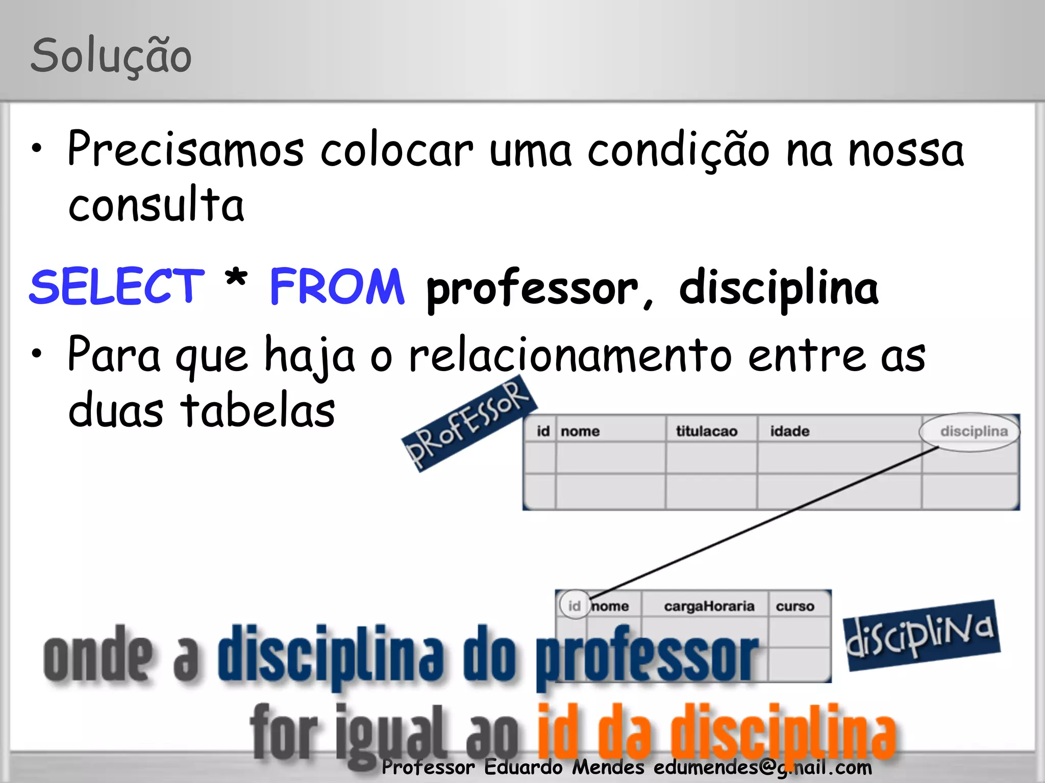 Professor Eduardo Mendes edumendes@gmail.com
Solução
•  Precisamos colocar uma condição na nossa
consulta
SELECT * FROM professor, disciplina
•  Para que haja o relacionamento entre as
duas tabelas
 
