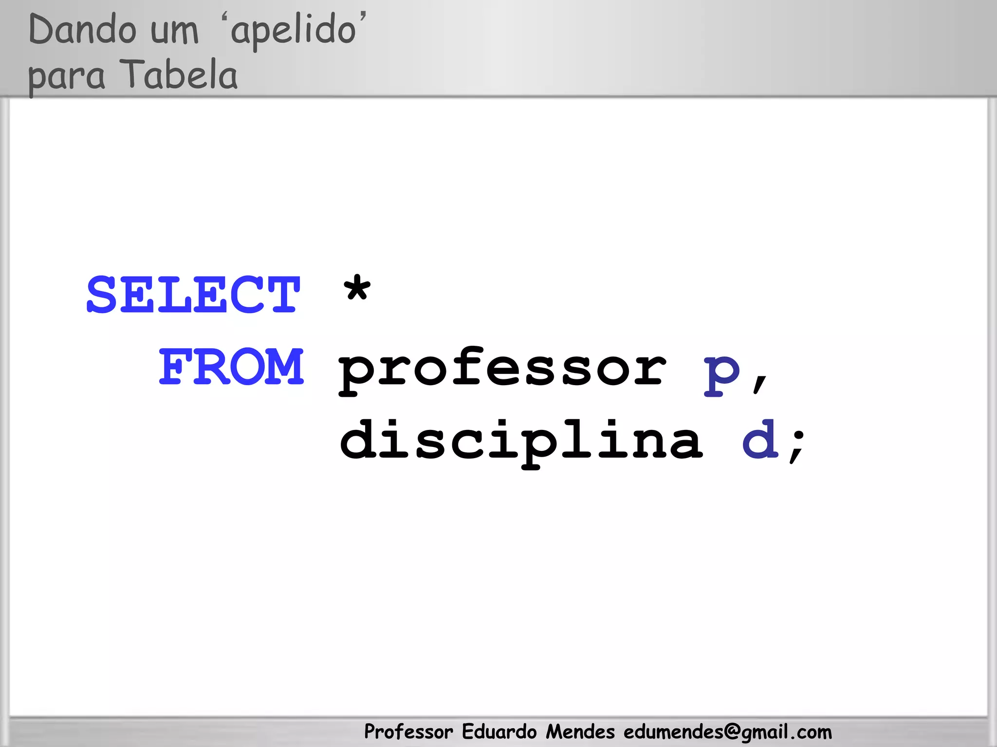 Professor Eduardo Mendes edumendes@gmail.com
Dando um ‘apelido’
para Tabela
SELECT *
FROM professor p,
disciplina d;
 