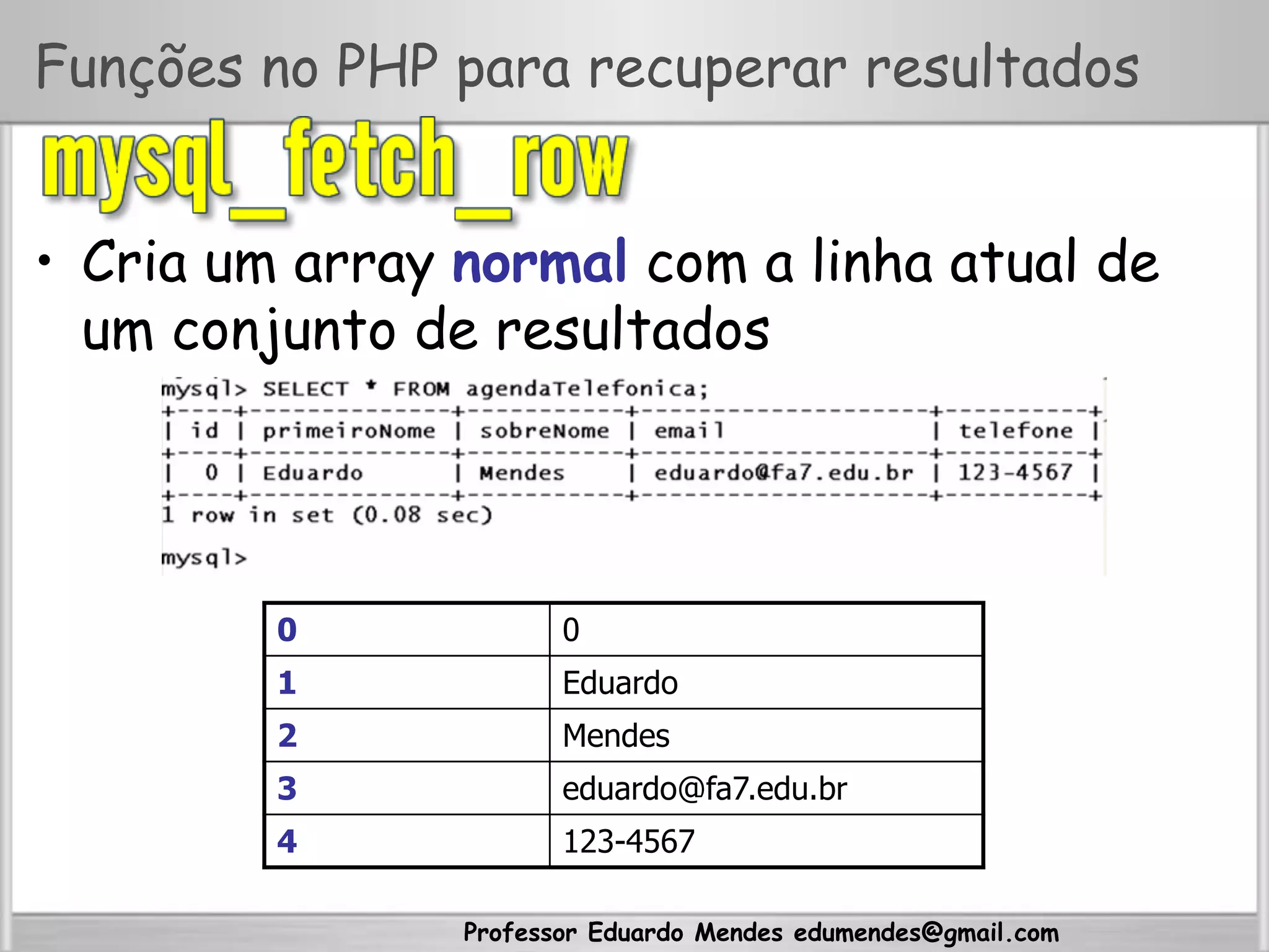 Professor Eduardo Mendes edumendes@gmail.com
Funções no PHP para recuperar resultados
•  Cria um array normal com a linha atual de
um conjunto de resultados
0 0
1 Eduardo
2 Mendes
3 eduardo@fa7.edu.br
4 123-4567
 
