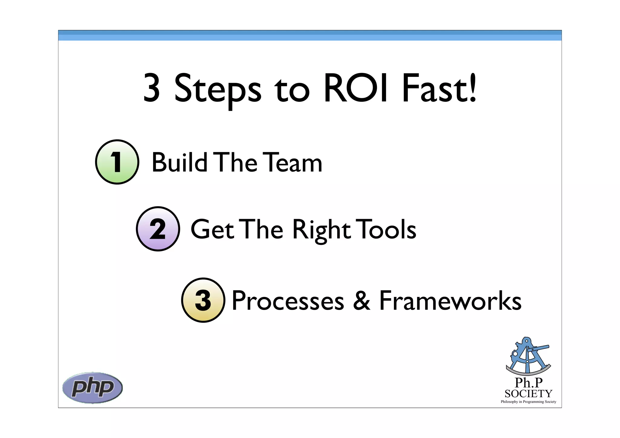 Ph.P
SOCIETY
Philosophy in Programming Society
3 Steps to ROI Fast!
1
2
3
Build The Team
Get The Right Tools
Processes & Frameworks
 