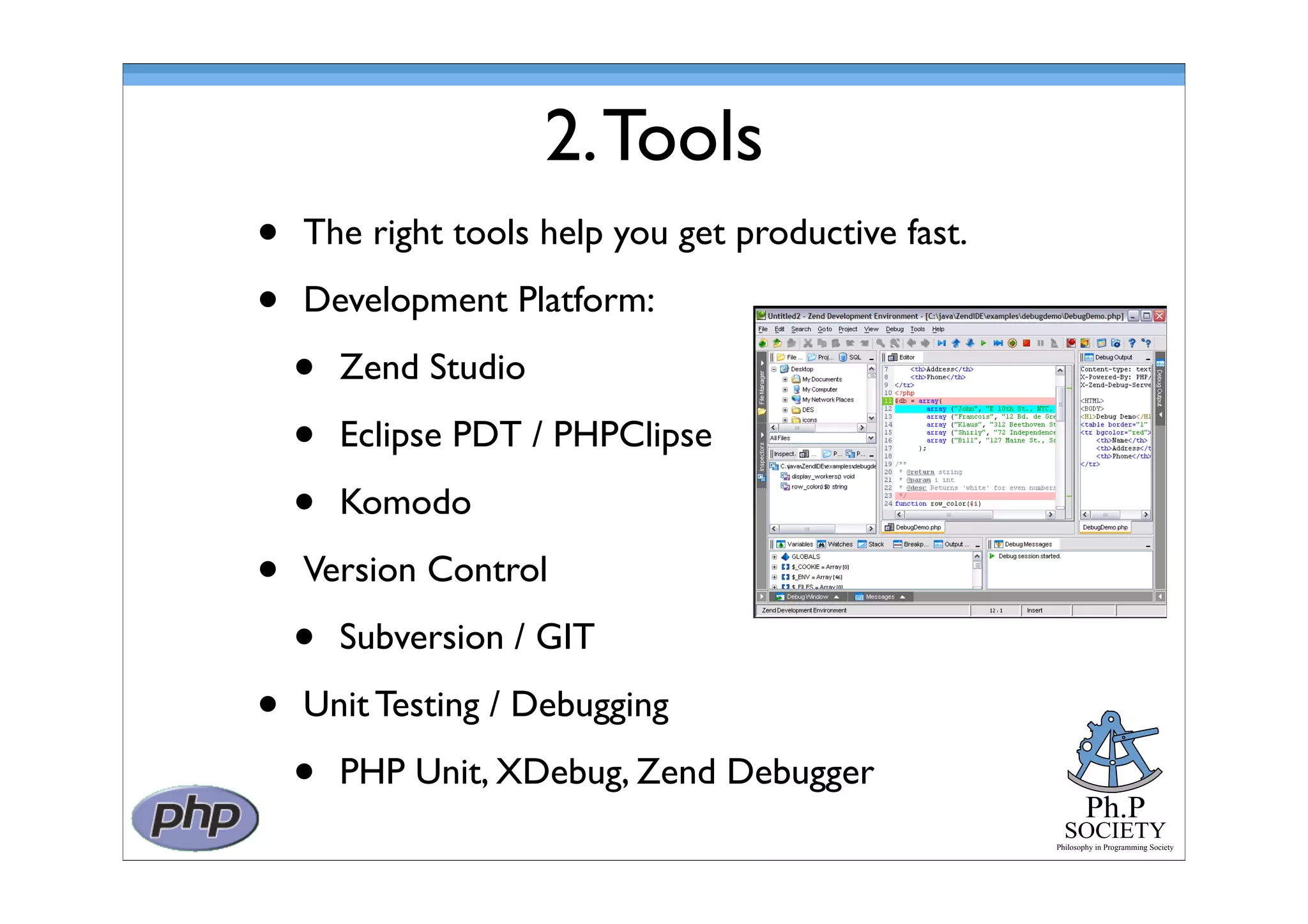 Ph.P
SOCIETY
Philosophy in Programming Society
2.Tools
• The right tools help you get productive fast.
• Development Platform:
• Zend Studio
• Eclipse PDT / PHPClipse
• Komodo
• Version Control
• Subversion / GIT
• Unit Testing / Debugging
• PHP Unit, XDebug, Zend Debugger
Step 4 - Tools
Development:
• Eclipse PDT
• Zend Studio
• PhpEd
• Vim
• Komodo
IDE’s versus Editors
• Debugging & Proﬁling
• Syntax Check
• Cross-Referencing / Navigation
 