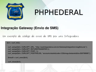 PHPHEDERAL
Integração Gateway (Envio de SMS)

Um exemplo de código de envio de SMS por uma Integradora

    $ch = curl_init();

      curl_setopt($ch, CURLOPT_URL, “http://suaintegradora.com.br/GatewayIntegration/msgSms.do”);
      curl_setopt($ch, CURLOPT_RETURNTRANSFER,1);
      curl_setopt($ch, CURLOPT_POST, 1);
      curl_setopt($ch, CURLOPT_POSTFIELDS, “account=teste&code=123&msg=testando&to=556799999”);

      $result = curl_exec($ch);

      curl_close($ch);
 