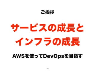 ご挨拶 
サービスの成長と 
インフラの成長 
AWSを使ってDevOpsを目指す 
15 
 