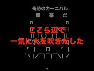 　 奇跡のカーニバル 
　　開　　幕　　だ 
　ｎ　　＿＿＿　　ｎ 
　こ||　こ／＿ら＿辺＿＼で 
　|| 
　|| ｜(ﾟ)　(ﾟ)｜ || 
「｢｢| ＼‾‾‾／ ｢｢｢| 
「‾|　 ‾冂‾　 ｢‾| 
`ヽ |／‾|‾|‾＼| ノ 
一気に火を吹きだした 
35 
 