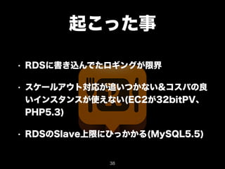 起こった事 
• RDSに書き込んでたロギングが限界 
• スケールアウト対応が追いつかない&コスパの良 
いインスタンスが使えない(EC2が32bitPV、 
PHP5.3) 
• RDSのSlave上限にひっかかる(MySQL5.5) 
38 
 