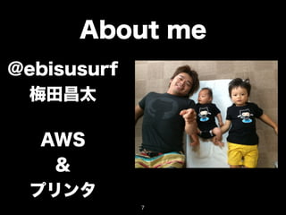 About me 
@ebisusurf 
梅田昌太 
AWS 
& 
プリンタ 
7 
 
