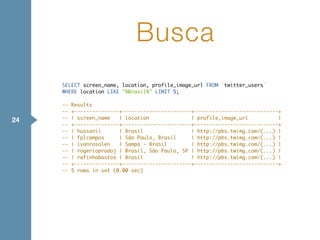Busca
24
SELECT screen_name, location, profile_image_url FROM `twitter_users`
WHERE location LIKE "%Brasil%" LIMIT 5;
-- Results
-- +---------------+-----------------------+----------------------------+
-- | screen_name | location | profile_image_url |
-- +---------------+-----------------------+----------------------------+
-- | hussanii | Brasil | http://pbs.twimg.com/(...) |
-- | fplcampos | São Paulo, Brasil | http://pbs.twimg.com/(...) |
-- | ivanrosolen | Sampa - Brasil | http://pbs.twimg.com/(...) |
-- | rogeriopradoj | Brasil, São Paulo, SP | http://pbs.twimg.com/(...) |
-- | rafinhabastos | Brasil | http://pbs.twimg.com/(...) |
-- +---------------+-----------------------+----------------------------+
-- 5 rows in set (0.00 sec)
 