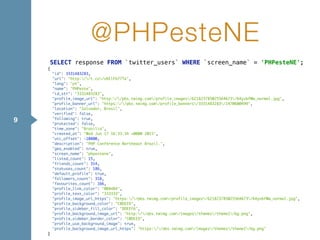 @PHPesteNE
9
SELECT response FROM `twitter_users` WHERE `screen_name` = 'PHPesteNE';
{
"id": 3331483283,
"url": "http://t.co/vKElFb77Te",
"lang": "pt",
"name": "PHPeste",
"id_str": "3331483283",
"profile_image_url": "http://pbs.twimg.com/profile_images/621823785025564673/64yvbfWw_normal.jpg",
"profile_banner_url": "https://pbs.twimg.com/profile_banners/3331483283/1470600499",
"location": "Salvador, Brasil",
"verified": false,
"following": true,
"protected": false,
"time_zone": "Brasilia",
"created_at": "Wed Jun 17 16:33:34 +0000 2015",
"utc_offset": -10800,
"description": "PHP Conference Northeast Brazil.",
"geo_enabled": true,
"screen_name": "phpestene",
"listed_count": 15,
"friends_count": 314,
"statuses_count": 186,
"default_profile": true,
"followers_count": 318,
"favourites_count": 166,
"profile_link_color": "0084B4",
"profile_text_color": "333333",
"profile_image_url_https": "https://pbs.twimg.com/profile_images/621823785025564673/64yvbfWw_normal.jpg",
"profile_background_color": "C0DEED",
"profile_sidebar_fill_color": "DDEEF6",
"profile_background_image_url": "http://abs.twimg.com/images/themes/theme1/bg.png",
"profile_sidebar_border_color": "C0DEED",
"profile_use_background_image": true,
"profile_background_image_url_https": "https://abs.twimg.com/images/themes/theme1/bg.png"
}
 