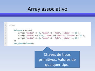 Array associativo




       Chaves de tipos
    primitivos. Valores de
        qualquer tipo.
 