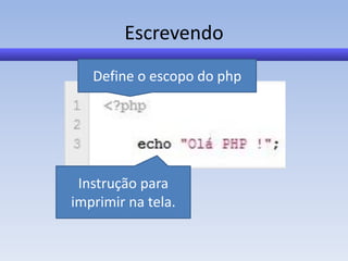 Escrevendo
   Define o escopo do php




 Instrução para
imprimir na tela.
 