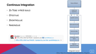 Continous Integration
• ZA TEBE VYŘEŠÍ BUILD
• OTESTUJE
• ZKONTROLUJE
• NABONZUJE
8
Zdroj: https://cs.wikipedia.org/wiki/Průběžná_integrace
 