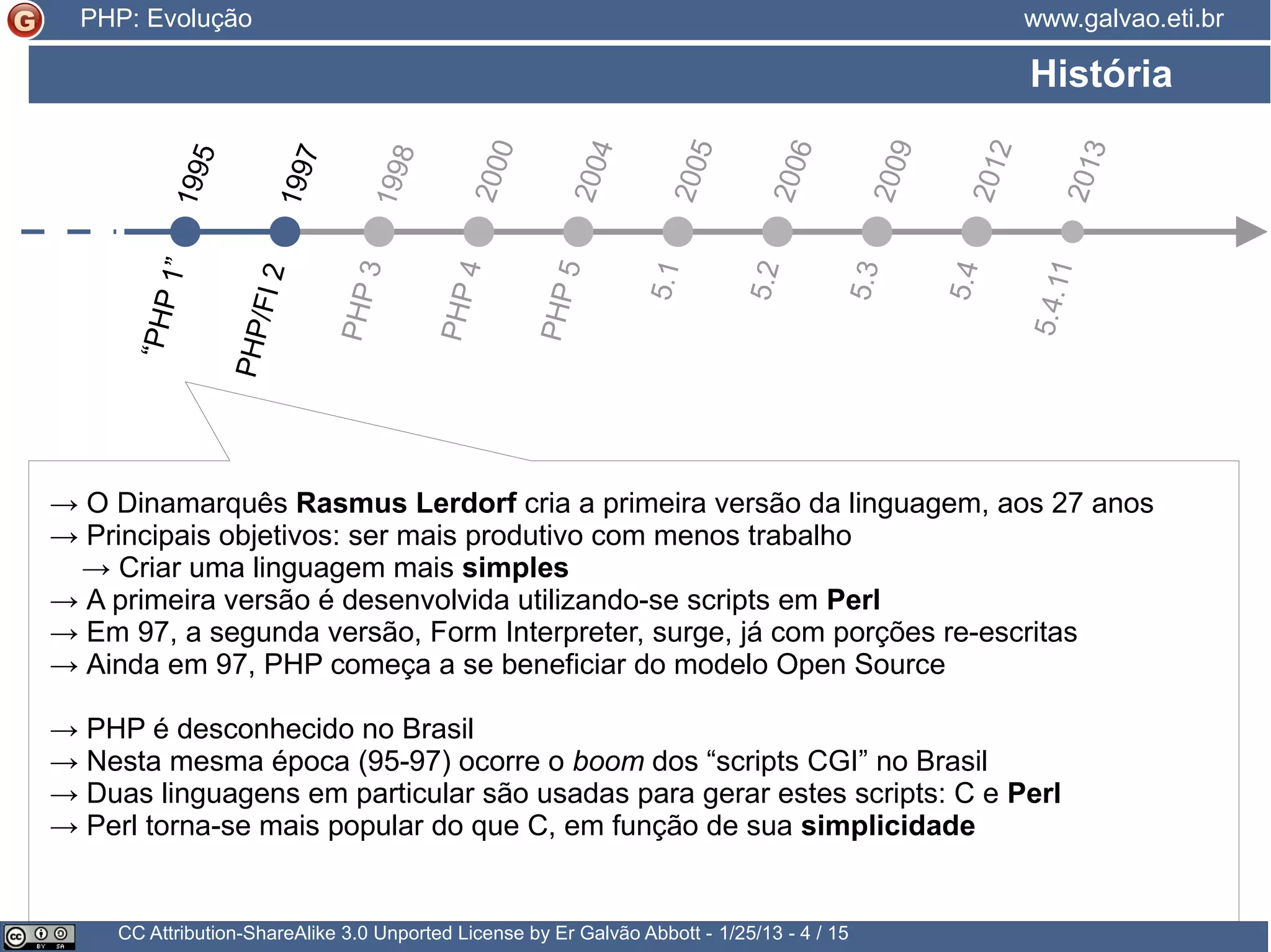 História → O Dinamarquês Rasmus Lerdorf cria a primeira versão da linguagem, aos 27 anos → Principais objetivos: ser mais produtivo com menos trabalho → Criar uma linguagem mais simples → A primeira versão é desenvolvida utilizando-se scripts em Perl → Em 97, a segunda versão, Form Interpreter, surge, já com porções re-escritas → Ainda em 97, PHP começa a se beneficiar do modelo Open Source → PHP é desconhecido no Brasil → Nesta mesma época (95-97) ocorre o boom dos “scripts CGI” no Brasil → Duas linguagens em particular são usadas para gerar estes scripts: C e Perl → Perl torna-se mais popular do que C, em função de sua simplicidade CC Attribution-ShareAlike 3.0 Unported License by Er Galvão Abbott - 3/30/15 - 4 / 25 www.galvao.eti.brPHP: Evolução 1995 1997 “PHP1” PHP/FI2 PHP3 1998 2000 2004 2005 2006 2009 2012 PHP4 PHP5 5.1 5.2 5.3 5.4 5.4.11 2013 