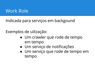 Work Role
Indicada para serviços em backgound
Exemplos de uilização:
● Um crawler que rode de tempo
em tempo
● Um serviço de notificações
● Um serviço que rode de tempo em
tempo

 