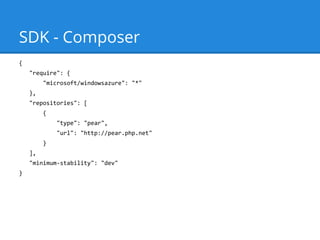 SDK - Composer
{
"require": {
"microsoft/windowsazure": "*"
},
"repositories": [
{
"type": "pear",
"url": "http://pear.php.net"
}
],
"minimum-stability": "dev"
}

 