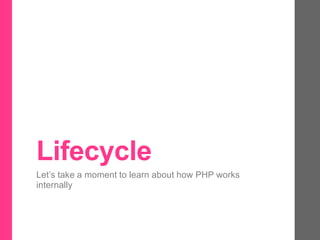 Lifecycle
Let’s take a moment to learn about how PHP works
internally
 