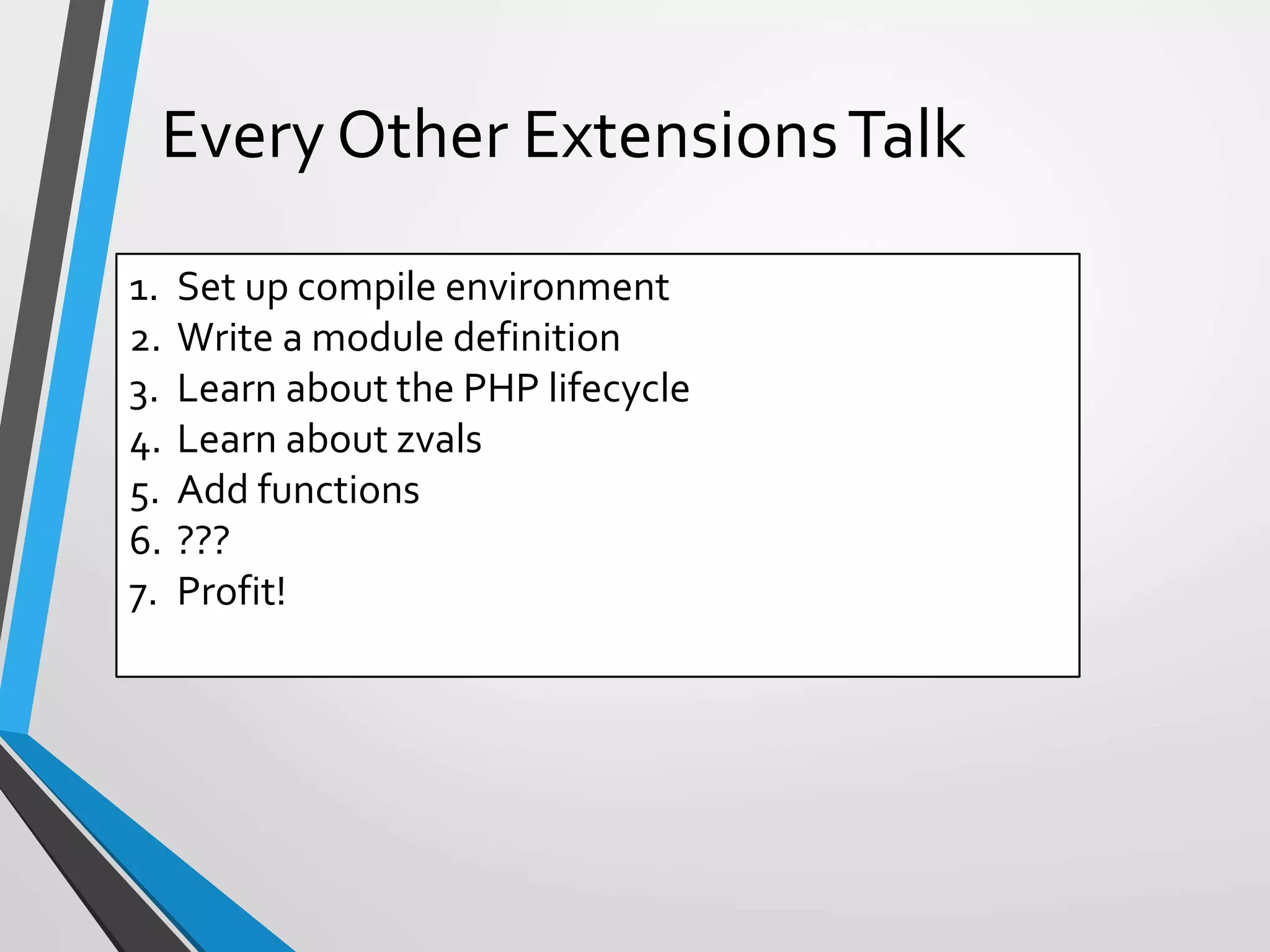 1. Set up compile environment
2. Write a module definition
3. Learn about the PHP lifecycle
4. Learn about zvals
5. Add functions
6. ???
7. Profit!
Every Other ExtensionsTalk
 