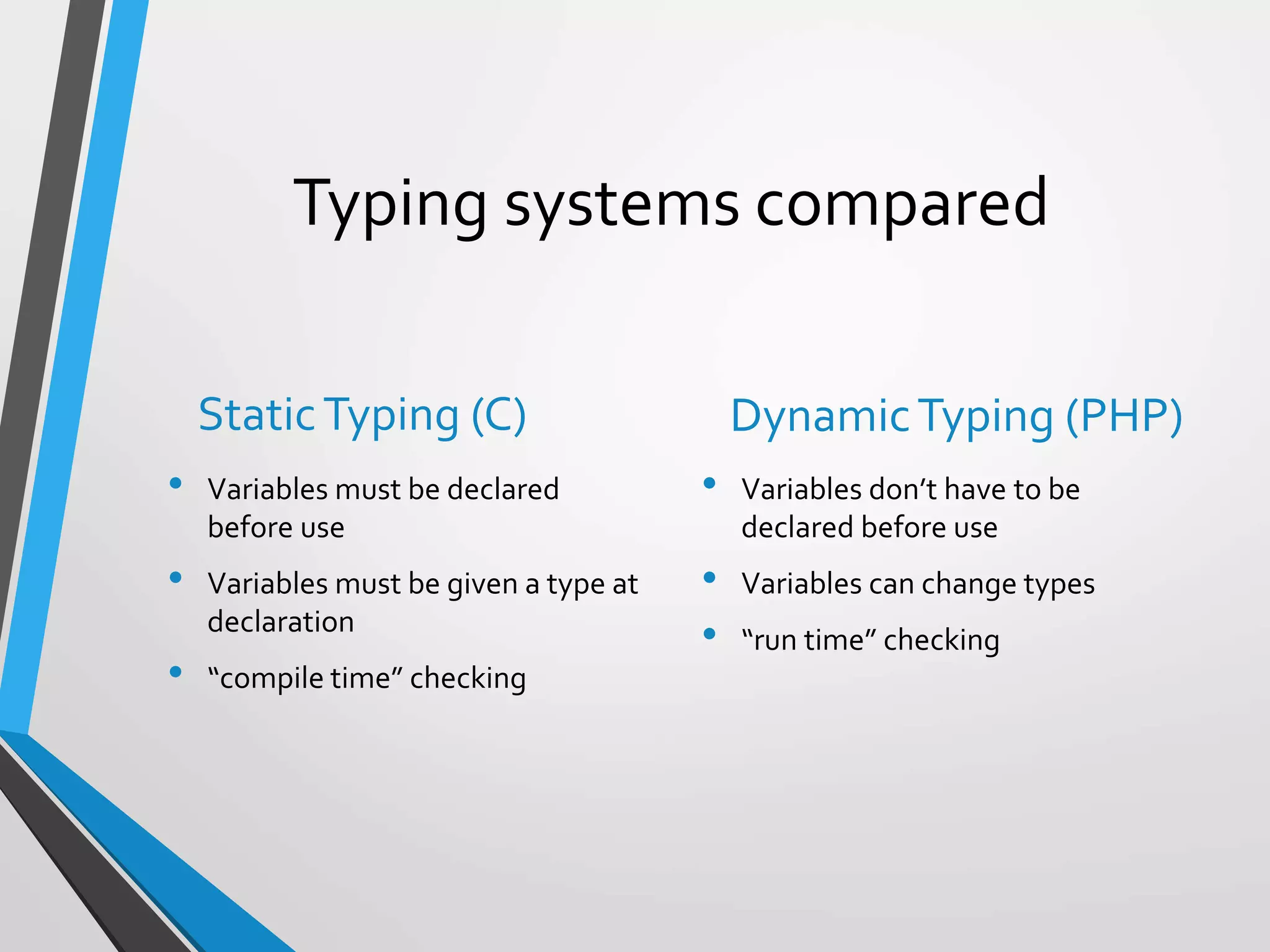 Typing systems compared
StaticTyping (C)
• Variables must be declared
before use
• Variables must be given a type at
declaration
• “compile time” checking
DynamicTyping (PHP)
• Variables don’t have to be
declared before use
• Variables can change types
• “run time” checking
 