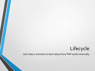 Lifecycle
Let’s take a moment to learn about how PHP works internally
 