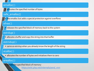 emalloc( )
• allocates the specified number of bytes
safe_emalloc()
• like emalloc but adds a special protection against overflows
efree( )
• releases the specified block of memory back to the system
estrdup( )
• allocate a buffer and copy the string into that buffer
estrndup( )
• same as estrdup when you already know the length of the string
ecalloc( )
• allocates the number of bytes and initializes them to zero
erealloc( )
• resizes the specified block of memory
https://wiki.php.net/internals/zend_mm
 
