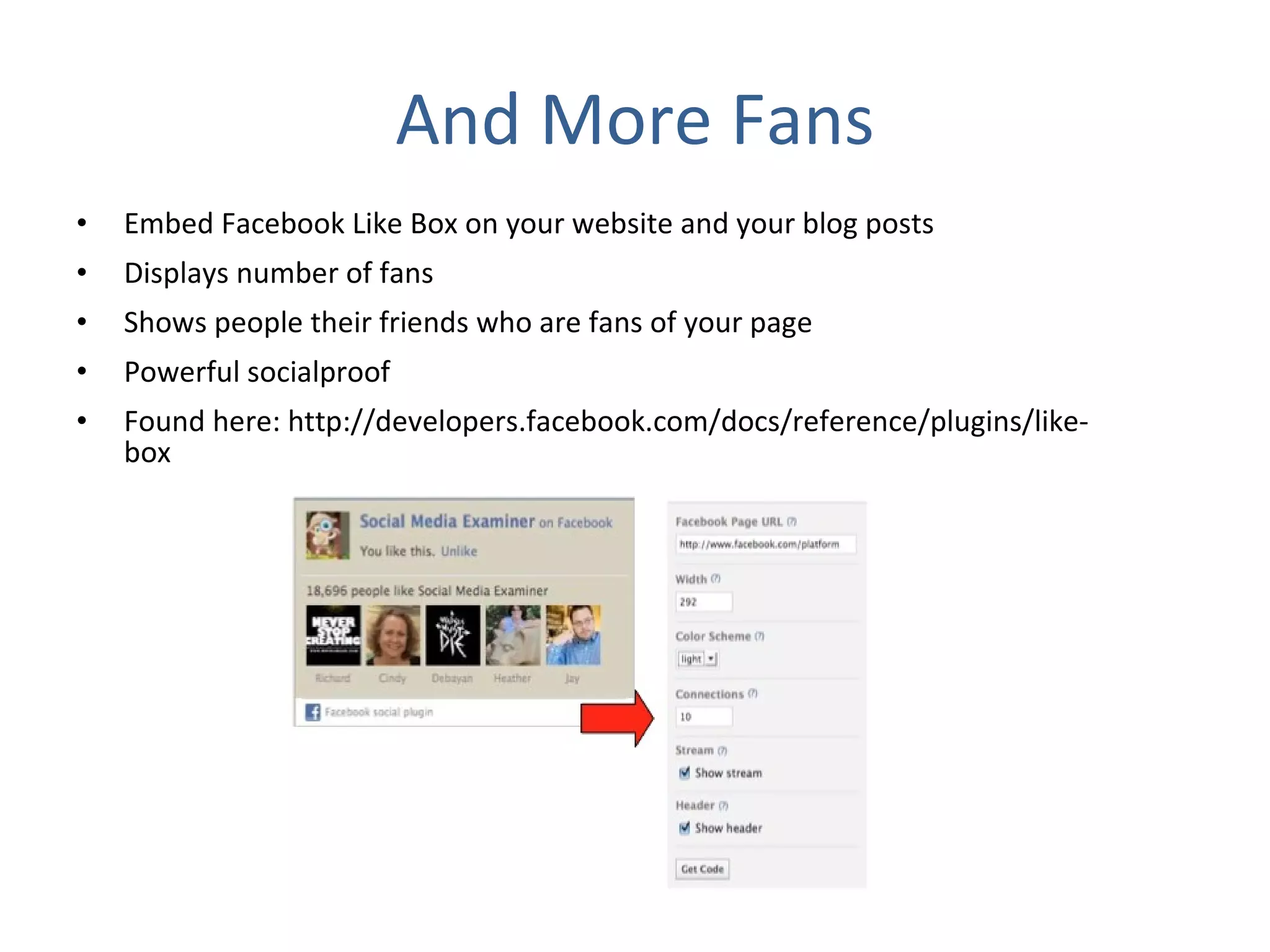 And More Fans Embed Facebook Like Box on your website and your blog posts Displays number of fans  Shows people their friends who are fans of your page Powerful socialproof Found here: http://developers.facebook.com/docs/reference/plugins/like-box 