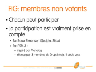 10/37 | PHP_FIG-14D02 | © 2014 OSInet
FIG: membres non votants
● Chacun peut participer
● La participation est vraiment prise en
compte
● Ex: Beau Simensen (Sculpin, Silex)
● Ex: PSR-3 :
– inspir par Monologé
– tendu par 3 membres de Drupal mais 1 seule voixé
 