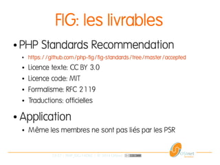 12/37 | PHP_FIG-14D02 | © 2014 OSInet
FIG: les livrables
● PHP Standards Recommendation
● https://github.com/php-fig/fig-standards/tree/master/accepted
● Licence texte: CC BY 3.0
● Licence code: MIT
● Formalisme: RFC 2119
● Traductions: officielles
● Application
● M me les membres ne sont pas li s par les PSRê é
 
