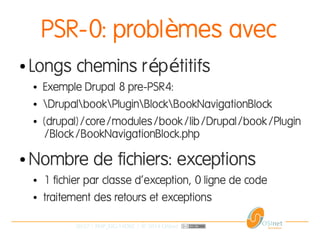 20/37 | PHP_FIG-14D02 | © 2014 OSInet
PSR-0: probl mes avecè
● Longs chemins r p titifsé é
● Exemple Drupal 8 pre-PSR4:
● DrupalbookPluginBlockBookNavigationBlock
● (drupal)/core/modules/book/lib/Drupal/book/Plugin
/Block/BookNavigationBlock.php
● Nombre de fichiers: exceptions
● 1 fichier par classe d'exception, 0 ligne de code
● traitement des retours et exceptions
 