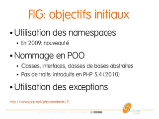 6/37 | PHP_FIG-14D02 | © 2014 OSInet
FIG: objectifs initiaux
● Utilisation des namespaces
● En 2009: nouveauté
● Nommage e...
