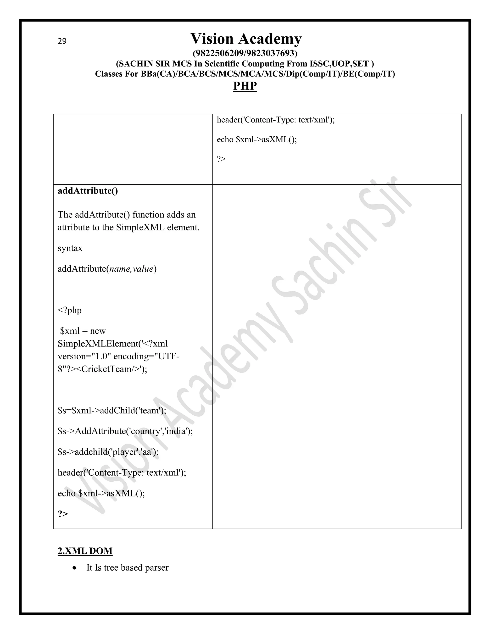 29 Vision Academy
(9822506209/9823037693)
(SACHIN SIR MCS In Scientific Computing From ISSC,UOP,SET )
Classes For BBa(CA)/BCA/BCS/MCS/MCA/MCS/Dip(Comp/IT)/BE(Comp/IT)
PHP
header('Content-Type: text/xml');
echo $xml->asXML();
?>
addAttribute()
The addAttribute() function adds an
attribute to the SimpleXML element.
syntax
addAttribute(name,value)
<?php
$xml = new
SimpleXMLElement('<?xml
version="1.0" encoding="UTF-
8"?><CricketTeam/>');
$s=$xml->addChild('team');
$s->AddAttribute('country','india');
$s->addchild('player','aa');
header('Content-Type: text/xml');
echo $xml->asXML();
?>
2.XML DOM
• It Is tree based parser
 