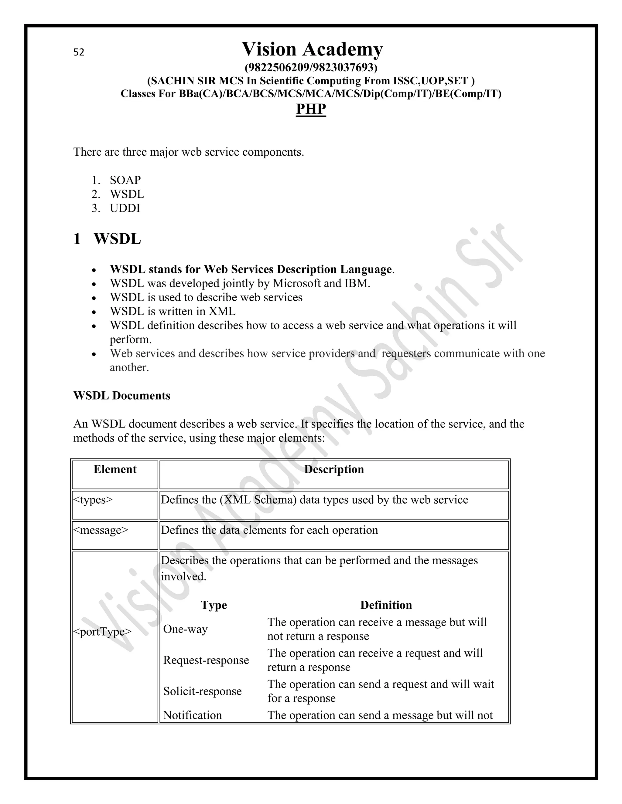 52 Vision Academy
(9822506209/9823037693)
(SACHIN SIR MCS In Scientific Computing From ISSC,UOP,SET )
Classes For BBa(CA)/BCA/BCS/MCS/MCA/MCS/Dip(Comp/IT)/BE(Comp/IT)
PHP
There are three major web service components.
1. SOAP
2. WSDL
3. UDDI
1 WSDL
• WSDL stands for Web Services Description Language.
• WSDL was developed jointly by Microsoft and IBM.
• WSDL is used to describe web services
• WSDL is written in XML
• WSDL definition describes how to access a web service and what operations it will
perform.
• Web services and describes how service providers and requesters communicate with one
another.
WSDL Documents
An WSDL document describes a web service. It specifies the location of the service, and the
methods of the service, using these major elements:
Element Description
<types> Defines the (XML Schema) data types used by the web service
<message> Defines the data elements for each operation
<portType>
Describes the operations that can be performed and the messages
involved.
Type Definition
One-way
The operation can receive a message but will
not return a response
Request-response
The operation can receive a request and will
return a response
Solicit-response
The operation can send a request and will wait
for a response
Notification The operation can send a message but will not
 