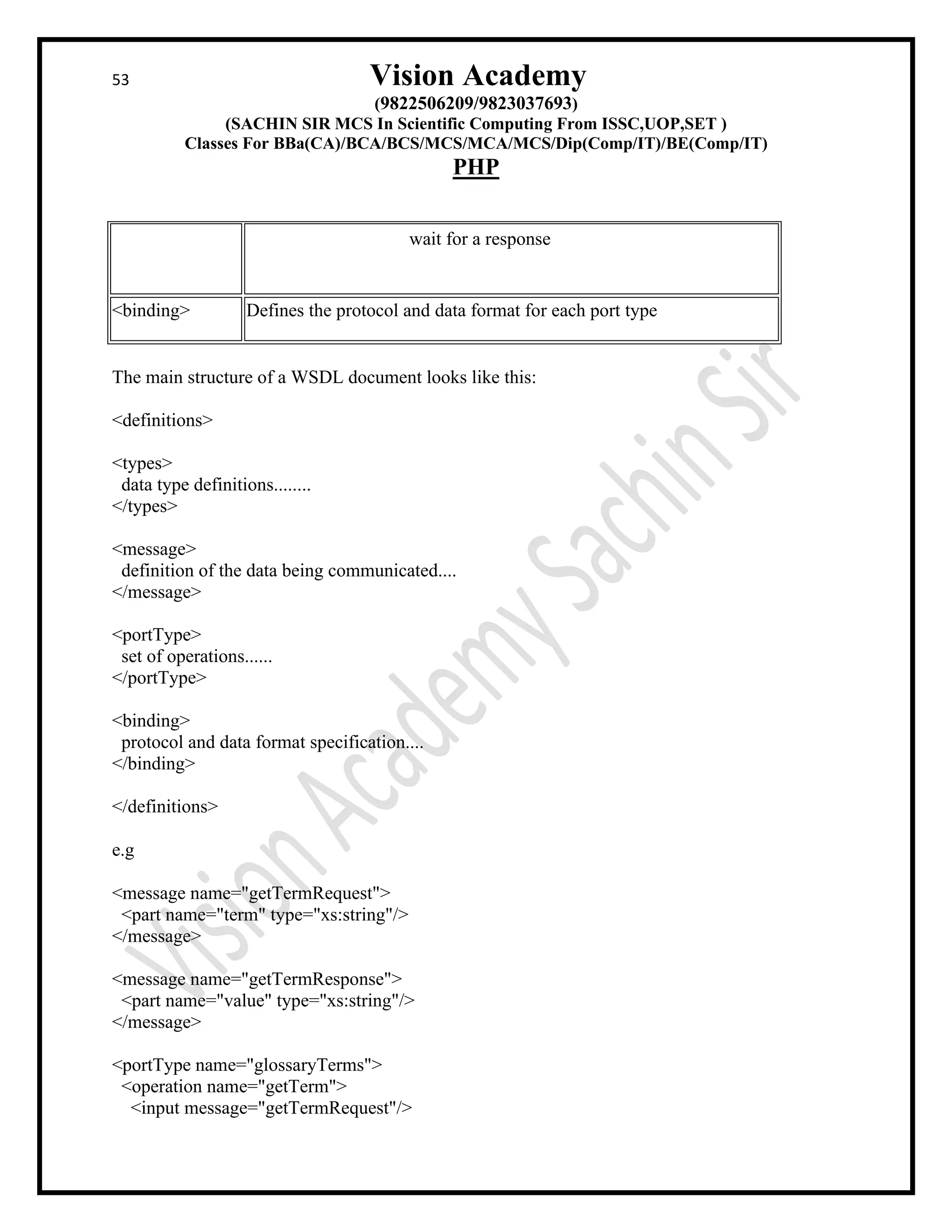 53 Vision Academy
(9822506209/9823037693)
(SACHIN SIR MCS In Scientific Computing From ISSC,UOP,SET )
Classes For BBa(CA)/BCA/BCS/MCS/MCA/MCS/Dip(Comp/IT)/BE(Comp/IT)
PHP
wait for a response
<binding> Defines the protocol and data format for each port type
The main structure of a WSDL document looks like this:
<definitions>
<types>
data type definitions........
</types>
<message>
definition of the data being communicated....
</message>
<portType>
set of operations......
</portType>
<binding>
protocol and data format specification....
</binding>
</definitions>
e.g
<message name="getTermRequest">
<part name="term" type="xs:string"/>
</message>
<message name="getTermResponse">
<part name="value" type="xs:string"/>
</message>
<portType name="glossaryTerms">
<operation name="getTerm">
<input message="getTermRequest"/>
 