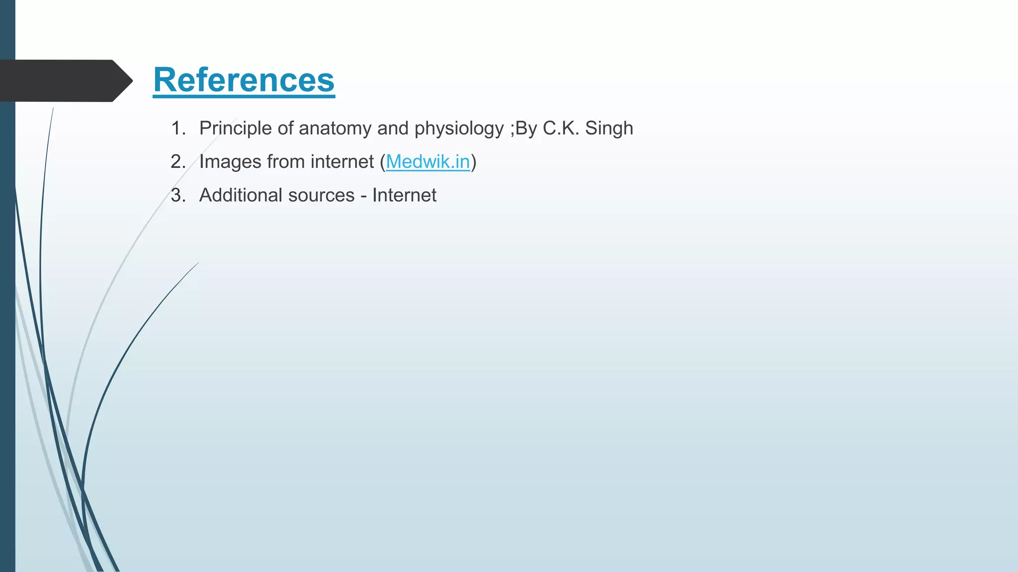 References
1. Principle of anatomy and physiology ;By C.K. Singh
2. Images from internet (Medwik.in)
3. Additional sources - Internet
 