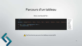 Parcours d’un tableau
14
Avec une boucle for :
Ne fonctionne pas avec les tableaux associatifs
 
