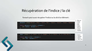 Récupération de l’indice / la clé
16
foreach peut aussi récupérer l’indice ou la clé d’un élément :
 