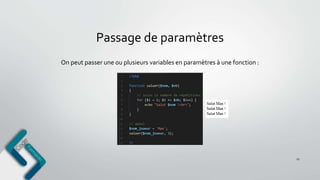 Passage de paramètres
27
On peut passer une ou plusieurs variables en paramètres à une fonction :
 