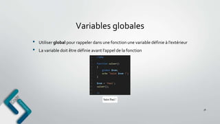 Variables globales
38
• Utiliser global pour rappeler dans une fonction une variable définie à l’extérieur
• La variable doit être définie avant l’appel de la fonction
 