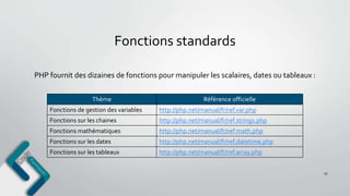 Fonctions standards
PHP fournit des dizaines de fonctions pour manipuler les scalaires, dates ou tableaux :
43
Thème Référence officielle
Fonctions de gestion des variables http://php.net/manual/fr/ref.var.php
Fonctions sur les chaines http://php.net/manual/fr/ref.strings.php
Fonctions mathématiques http://php.net/manual/fr/ref.math.php
Fonctions sur les dates http://php.net/manual/fr/ref.datetime.php
Fonctions sur les tableaux http://php.net/manual/fr/ref.array.php
 