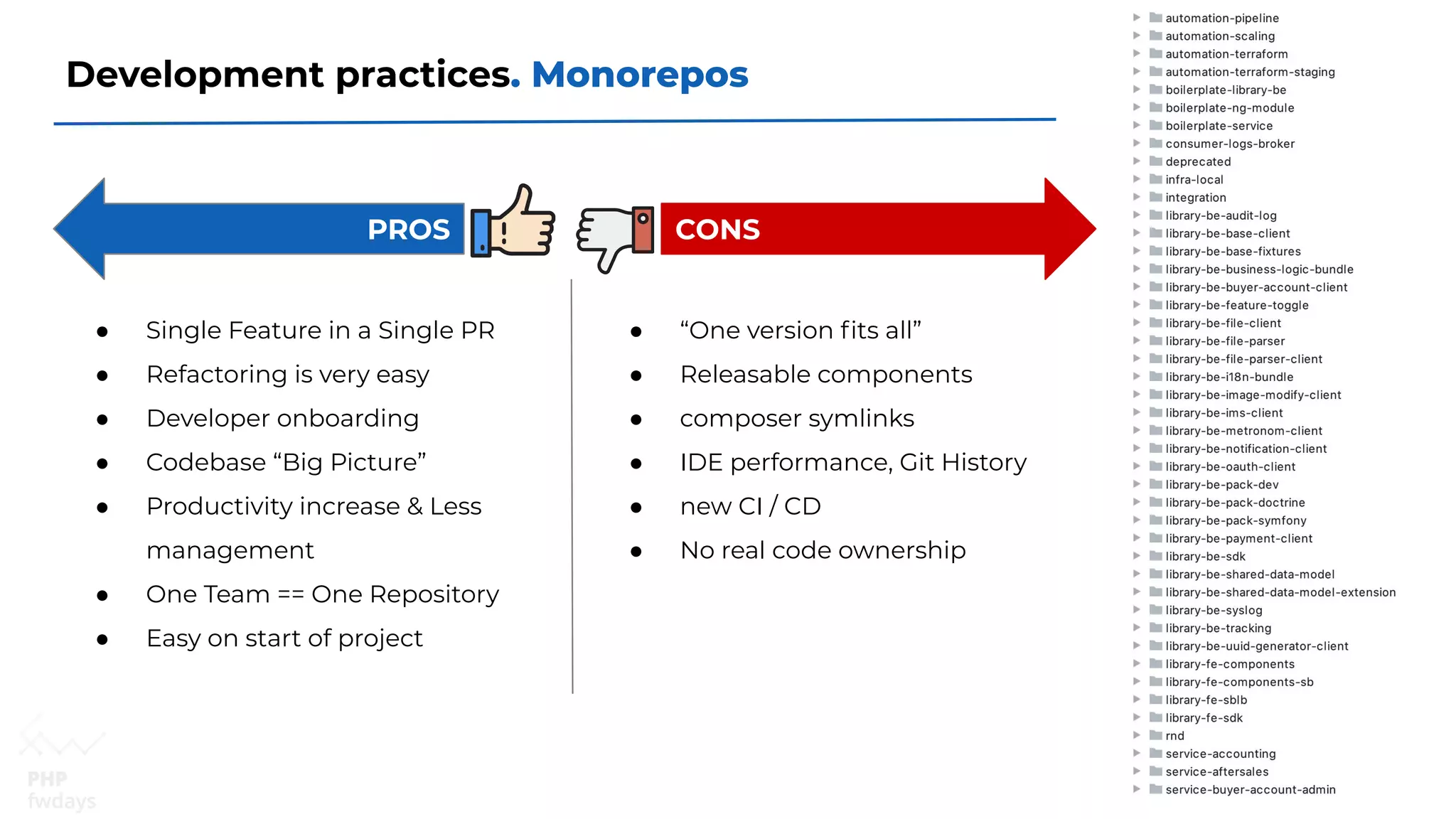 Development practices. Monorepos
● Single Feature in a Single PR
● Refactoring is very easy
● Developer onboarding
● Codebase “Big Picture”
● Productivity increase & Less
management
● One Team == One Repository
● Easy on start of project
PROS CONS
● “One version ﬁts all”
● Releasable components
● composer symlinks
● IDE performance, Git History
● new CI / CD
● No real code ownership
 
