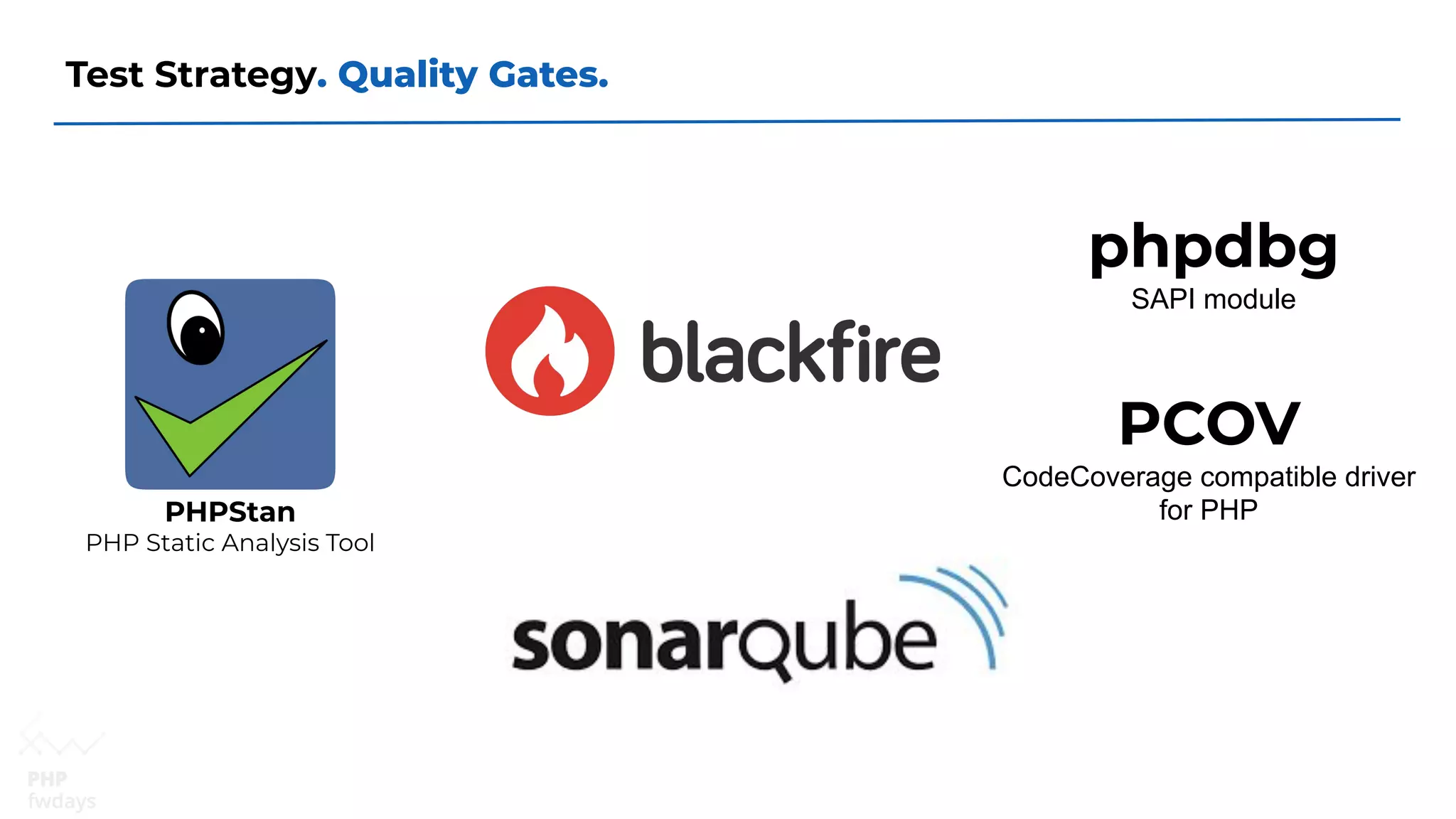 Test Strategy. Quality Gates.
PHPStan
PHP Static Analysis Tool
PCOV
CodeCoverage compatible driver
for PHP
phpdbg
SAPI module
 