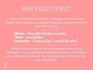 MVC or Model View Controller is basically an architectural
pattern which keeps your programming logic separated from the
User Interface (UI).
Basically, MVC breaks up the development process of an
application, so you can work on individual elements while others
are unaffected. Essentially, this makes coding in PHP faster and
less complicated.
Raw data/database connection
User Interface
– Business Logic/ controls the entire
 