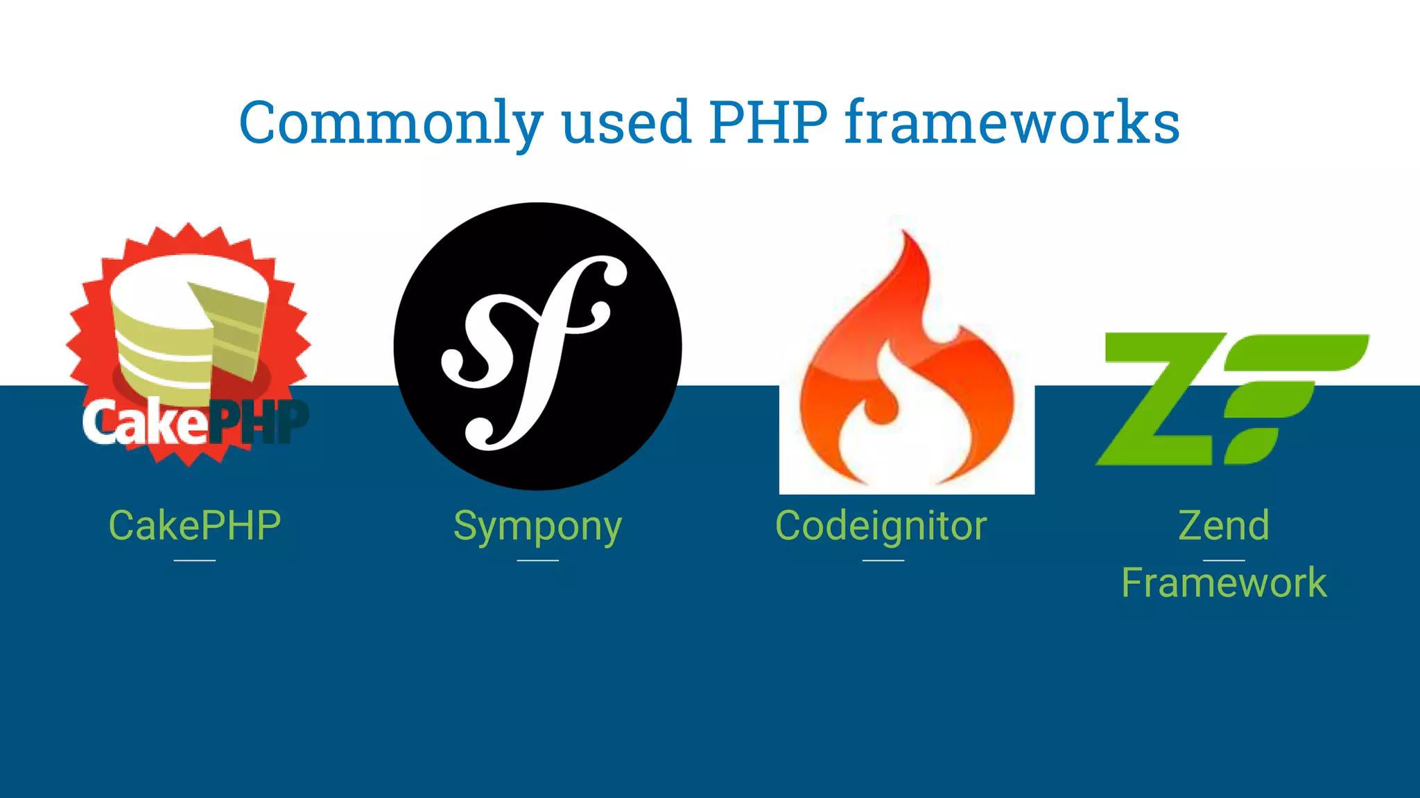 Commonly used PHP frameworks
CakePHP Sympony Codeignitor Zend
Framework
 