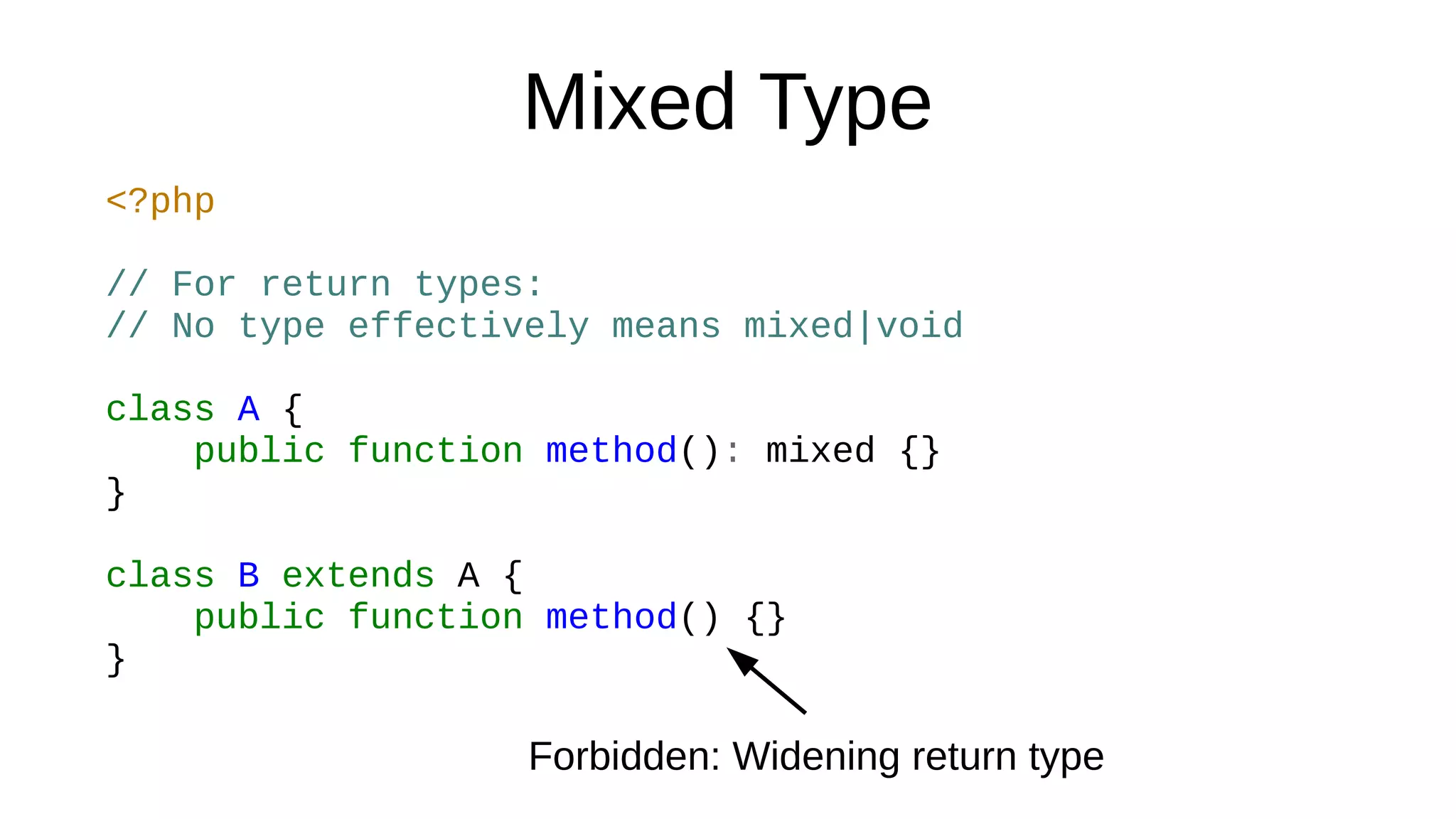 Mixed Type
<?php
// For return types:
// No type effectively means mixed|void
class A {
public function method(): mixed {}
}
class B extends A {
public function method() {}
}
Forbidden: Widening return type
 