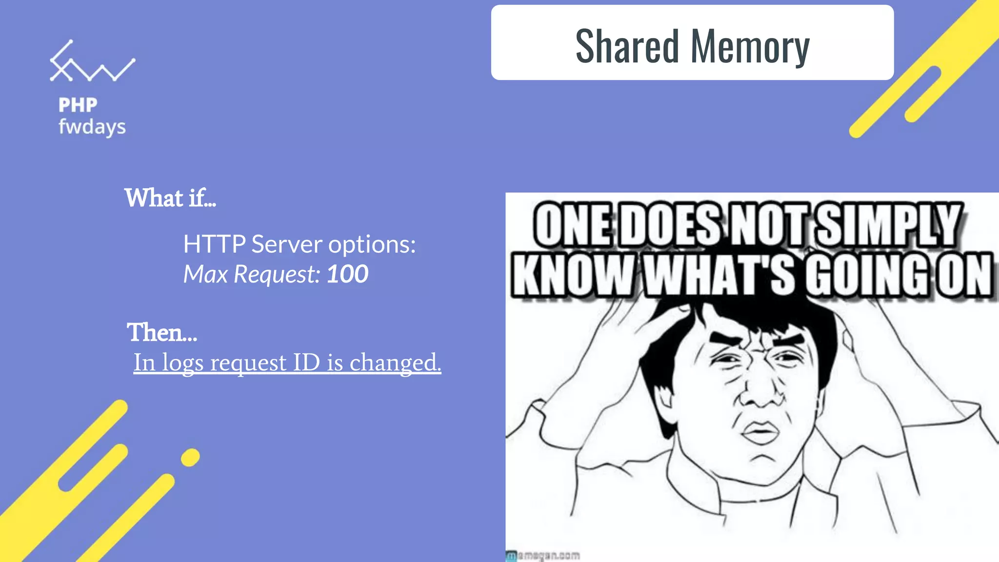 Shared Memory
HTTP Server options:
Max Request: 100
What if...
Then…
In logs request ID is changed.
 