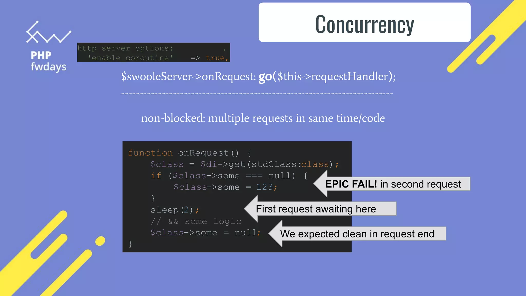 $swooleServer->onRequest: go($this->requestHandler);
--------------------------------------------------------------------------
non-blocked: multiple requests in same time/code
Concurrency
function onRequest() {
$class = $di->get(stdClass:class);
if ($class->some === null) {
$class->some = 123;
}
sleep(2);
// && some logic
$class->some = null;
}
First request awaiting here
We expected clean in request end
EPIC FAIL! in second request
http server options: .
'enable_coroutine' => true,
 