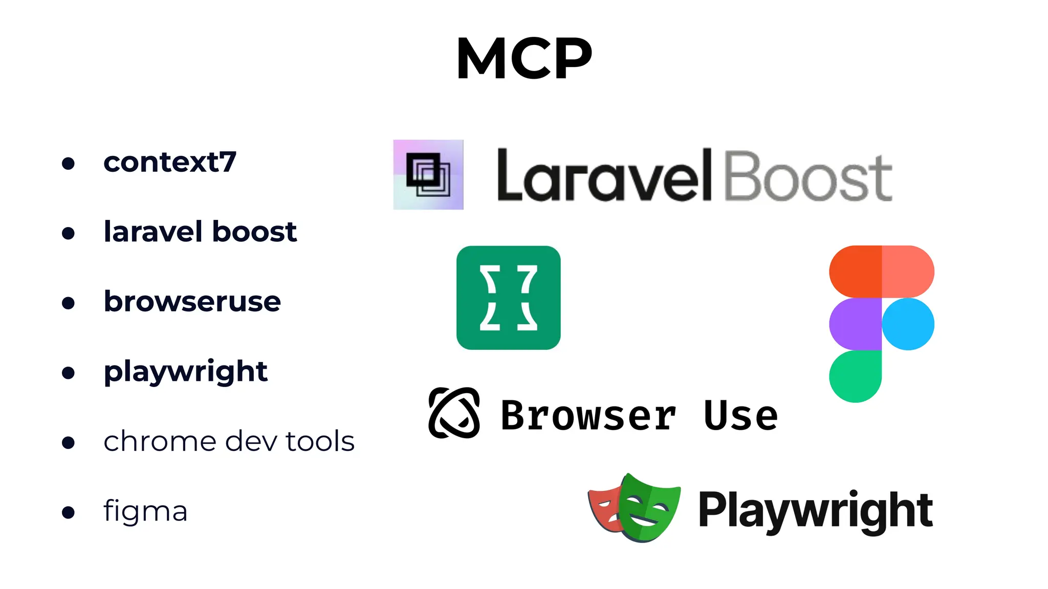 ● context7
● laravel boost
● browseruse
● playwright
● chrome dev tools
● ﬁgma
MCP
 