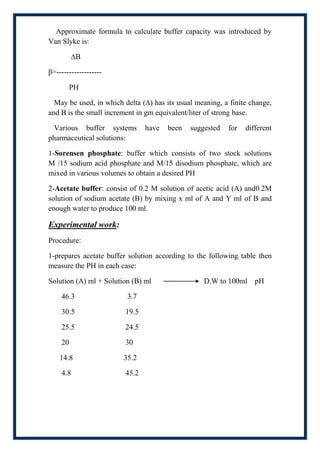 Approximate formula to calculate buffer capacity was introduced by
Van Slyke is:

         ∆B

β=------------------

       PH

  May be used, in which delta (∆) has its usual meaning, a finite change,
and B is the small increment in gm equivalent/liter of strong base.

 Various buffer systems         have   been   suggested   for   different
pharmaceutical solutions:

1-Sorensen phosphate: buffer which consists of two stock solutions
M /15 sodium acid phosphate and M/15 disodium phosphate, which are
mixed in various volumes to obtain a desired PH

2-Acetate buffer: consist of 0.2 M solution of acetic acid (A) and0.2M
solution of sodium acetate (B) by mixing x ml of A and Y ml of B and
enough water to produce 100 ml.

Experimental work:
Procedure:

1-prepares acetate buffer solution according to the following table then
measure the PH in each case:

Solution (A) ml + Solution (B) ml                 D.W to 100ml pH

    46.3                 3.7

    30.5                 19.5

    25.5                 24.5

    20                   30

    14.8                35.2

    4.8                  45.2
 