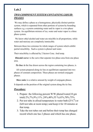 Lab.2
TWO COMPONENT SYSTEM CONTAINING LIQUID
PHASES
 We may define a phase as a homogenous, physically distinct portion
system, which is separated from other portions of system by bounding
surfaces e.g. a system containing water and its vapor is a two phase
system. An equilibrium mixture of ice, water and water vapor is a three
phase system.

 We know ethyl alcohol and water are miscible in all proportions, while
water and mercury are completely immiscible.

Between these two extremes lie whole ranges of system which exhibit
partial miscibility. Such a system is phenol and water.

Their miscibility is affected by 2 factors Conc. And temp.

 Bimodal curve: is the curve that separate two phase area from one phase
area.

 Tie line: is the line drawn across the region containing two phases, is

  All system prepared along tie line at equilibrium separated into two
phases of constant composition. These phases are termed conjugate
phases.

  Mass ratio: is a relative amount by weight of conjugate phases.

It depends on the position of the original system along the tie line.

Procedure:
   1. Prepare the following percent W/W phenol/water(10 gm
      total) 2%,7%,9%,11% ,24%,40%,55 %,63%,70%,75%.
   2. Put test tube in afixed temperature in water bath (25 C0) or
      (left test tube at room temp.) and keep it for 10 minutes at
      that temp.
   3. Take the test tubes out and before their temp has changed
      record which one has 2 phases and which has one phase.
 