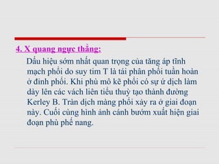 4. X quang ngực thẳng:
Dấu hiệu sớm nhất quan trọng của tăng áp tĩnh
mạch phổi do suy tim T là tái phân phối tuần hoàn
ở đỉnh phổi. Khi phù mô kẽ phổi có sự ứ dịch làm
dày lên các vách liên tiểu thuỳ tạo thành đường
Kerley B. Tràn dịch màng phổi xảy ra ở giai đoạn
này. Cuối cùng hình ảnh cánh bướm xuất hiện giai
đoạn phù phế nang.
 