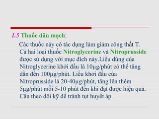 1.5 Thuốc dãn mạch:
Các thuốc này có tác dụng làm giảm công thất T.
Cả hai loại thuốc Nitroglycerine và Nitroprusside
được sử dụng với mục đích này.Liều dùng của
Nitroglycerine khởi đầu là 10µg/phút có thể tăng
dần đến 100µg/phút. Liều khởi đầu của
Nitroprusside là 20-40µg/phút, tăng lên thêm
5µg/phút mỗi 5-10 phút đến khi đạt được hiệu quả.
Cần theo dõi kỹ để tránh tụt huyết áp.
 