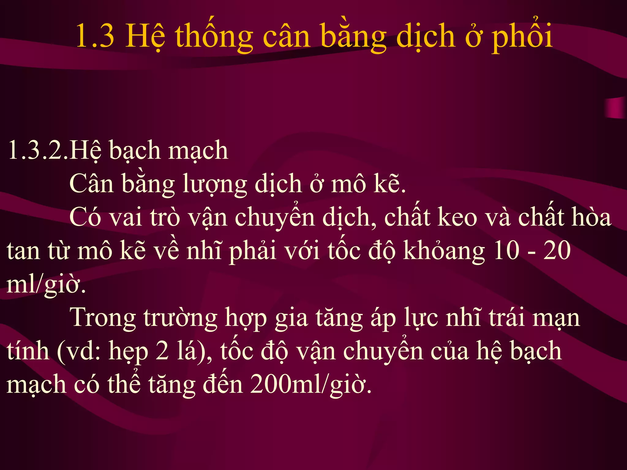 1.3 Hệ thống cân bằng dịch ở phổi
1.3.2.Hệ bạch mạch
Cân bằng lượng dịch ở mô kẽ.
Có vai trò vận chuyển dịch, chất keo và chất hòa
tan từ mô kẽ về nhĩ phải với tốc độ khỏang 10 - 20
ml/giờ.
Trong trường hợp gia tăng áp lực nhĩ trái mạn
tính (vd: hẹp 2 lá), tốc độ vận chuyển của hệ bạch
mạch có thể tăng đến 200ml/giờ.
 